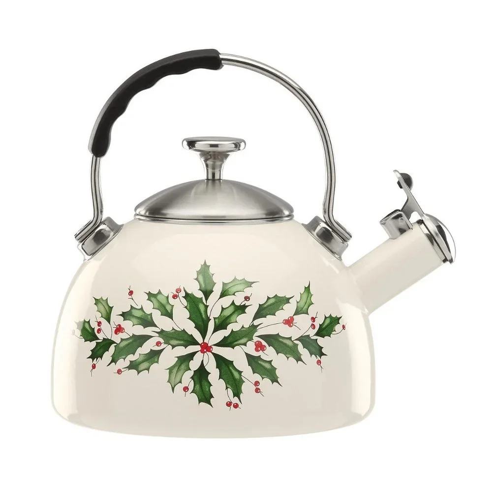 new in box Lenox Christmas Holiday Holly Leaves 2.5-Quart Whistling Tea Kettle